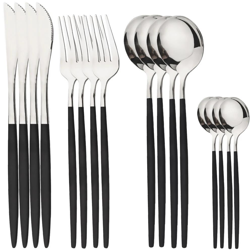 16Pcs Cutlery Set Stainless Steel Mirror TablewareDinner Black Gold Dinnerware Set Knife Fruit Fork Spoon Silverware Kitchen