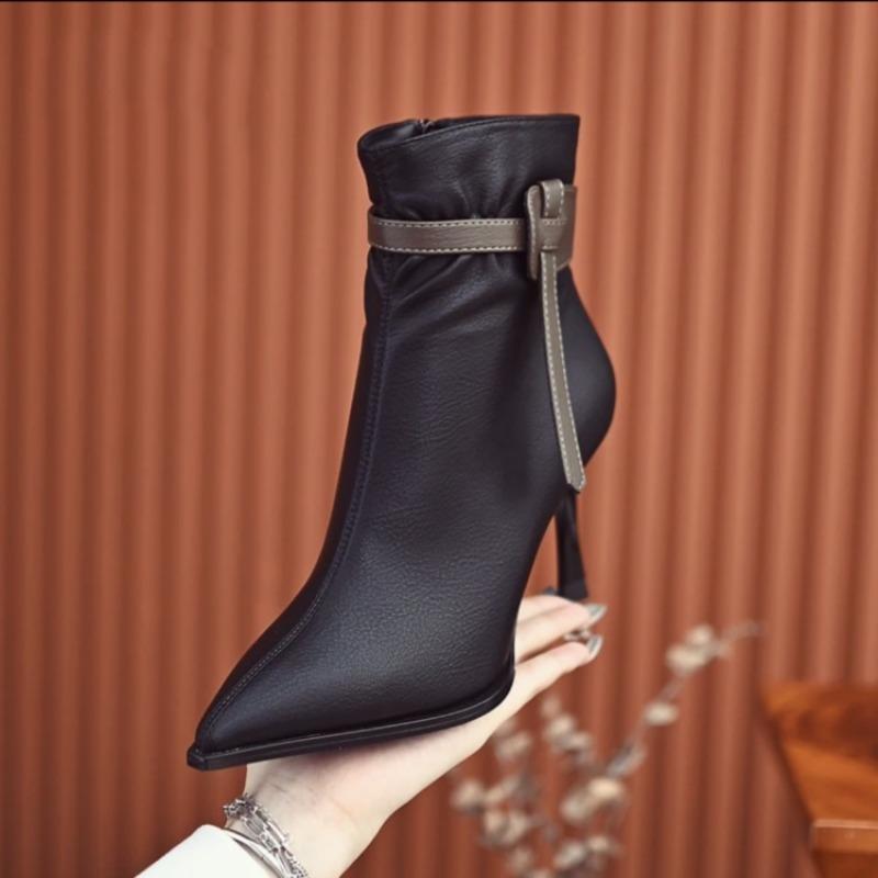 Temperament high-heeled short boots women's autumn and winter new small thin boots pointed thin heels fashion boots color matching