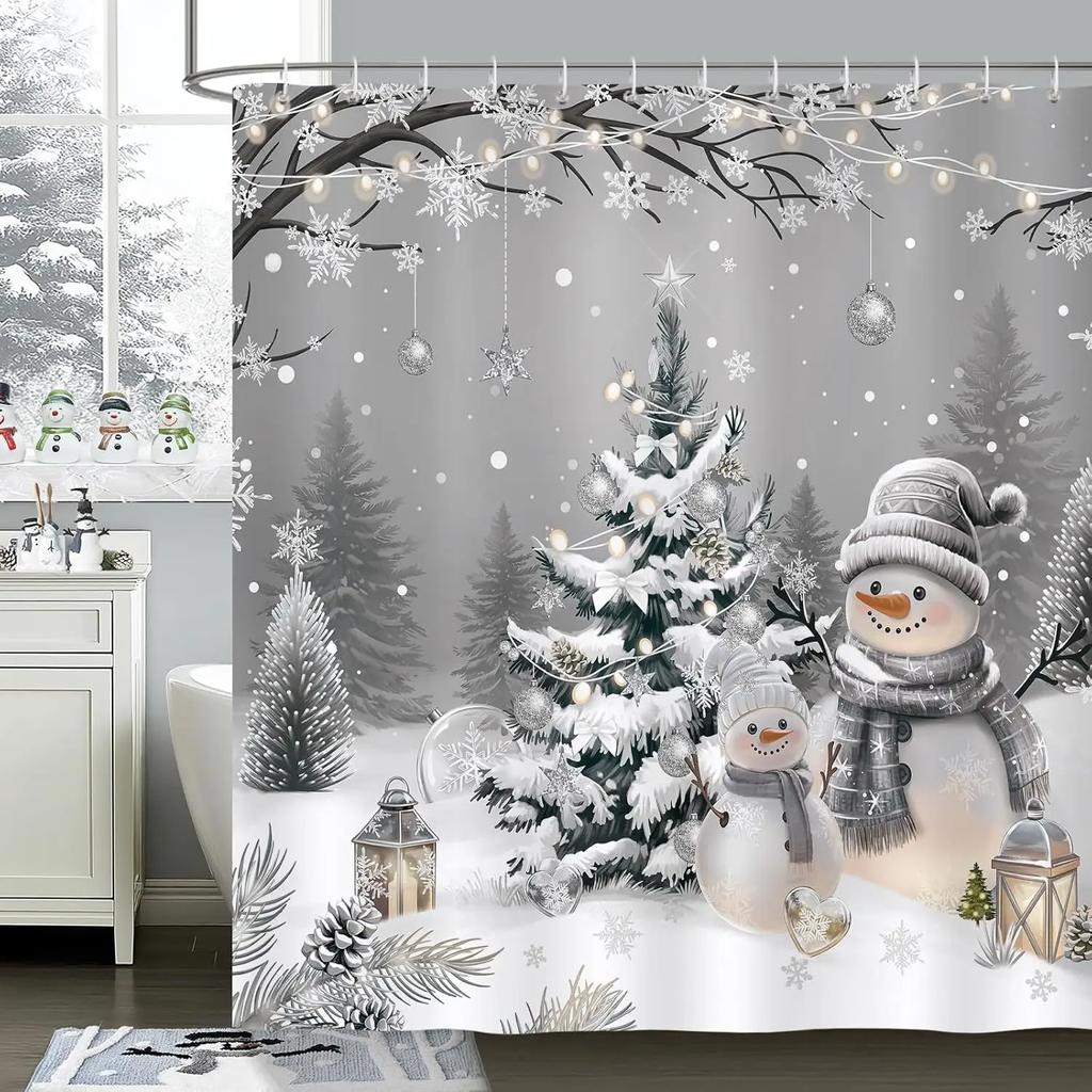 Winter Christmas Shower Curtain, Cute Snowman Xmas Tree Grey Snowy Forest Snowflake Bathroom Decor Polyester Fabric Waterproof