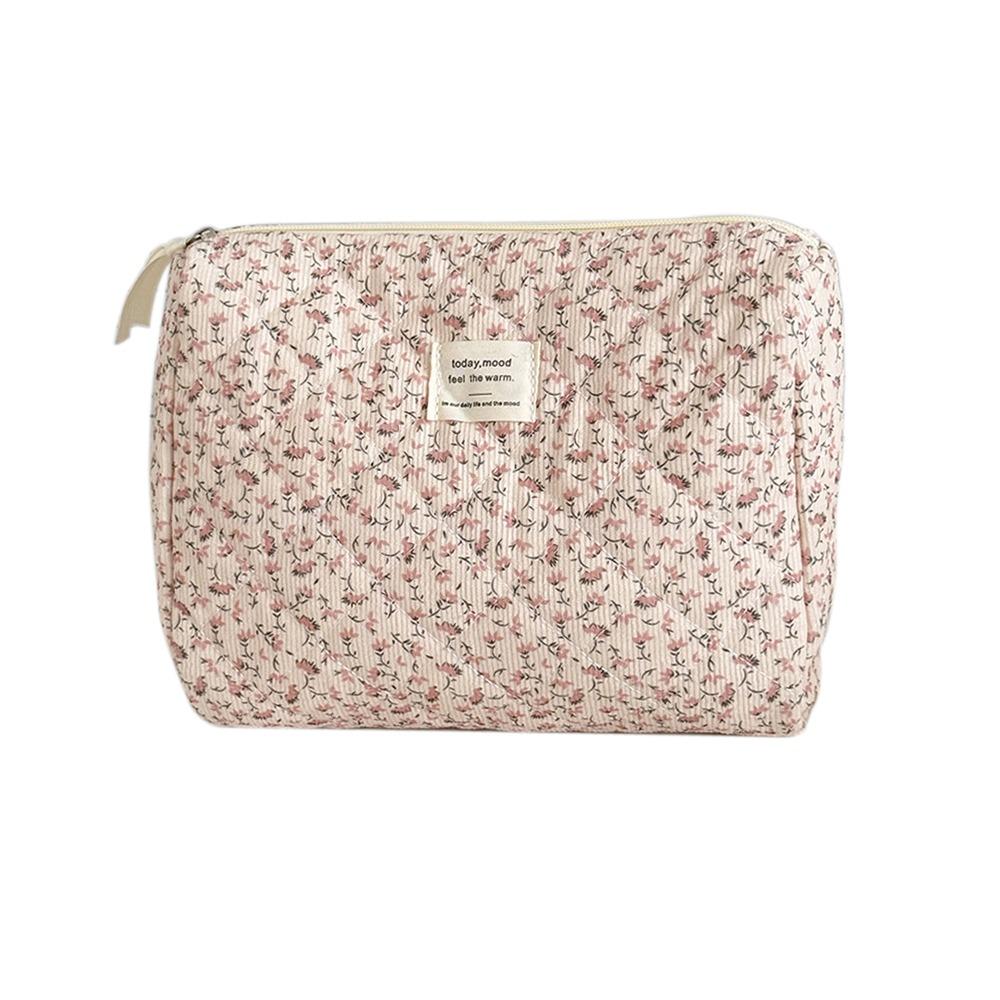 Portable Corduroy Aesthetic Cosmetic Organizer Large Capacity Zipper Floral Makeup Pouch Toiletry Bag Cosmetics