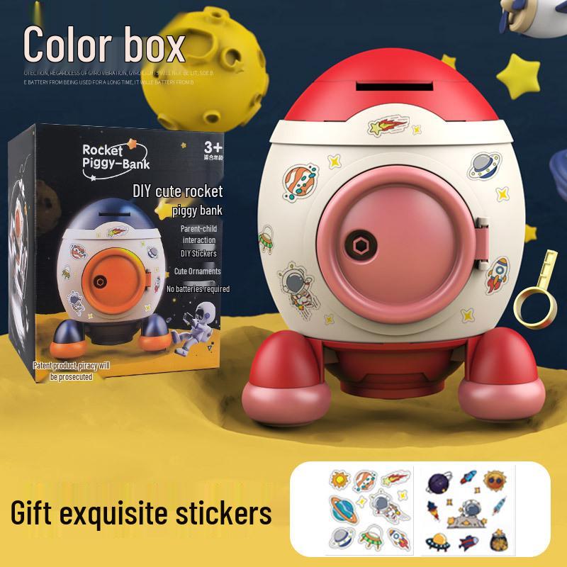 Rocket Piggy Bank for Kids: Large Capacity Coin Bank with Key and Stickers