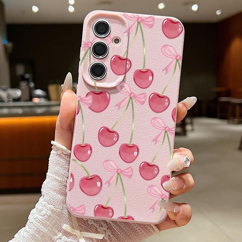 Crystal Cherry Fruits Bowknots Case For Samsung Galaxy A57 A37 A17 A56 A36 A26 A16 A55 A35 A25 A15 A54 5G S21 FE S22 S23 S24 Plus S25 Edge S26 Ultra
