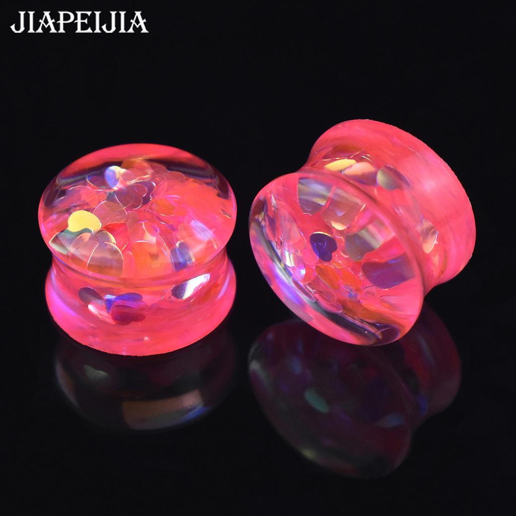 1 Pair 8-50mm Heart Glitter Lightweight Hypoallergenic Acrylic Double Flare Ear Plugs Piercing Jewelry