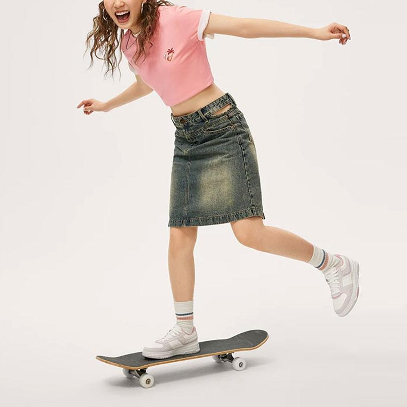 Li-Ning Coconut Tree Print Casual Round Neck Short Sleeve Drop Shoulder T-Shirt Women Tops Tea-Flower-Pink AHSU352-4