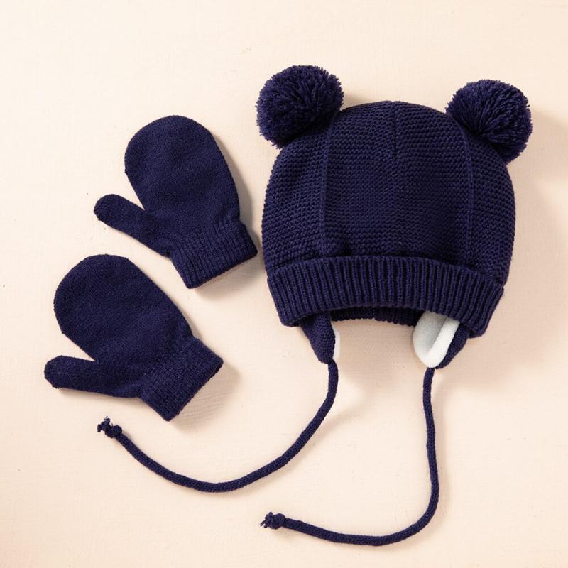 Cross-Border Baby Hat Two-Piece Set Knitted Hat Gloves Foreign Trade Classic Style Warm Hat Gloves Set for Children