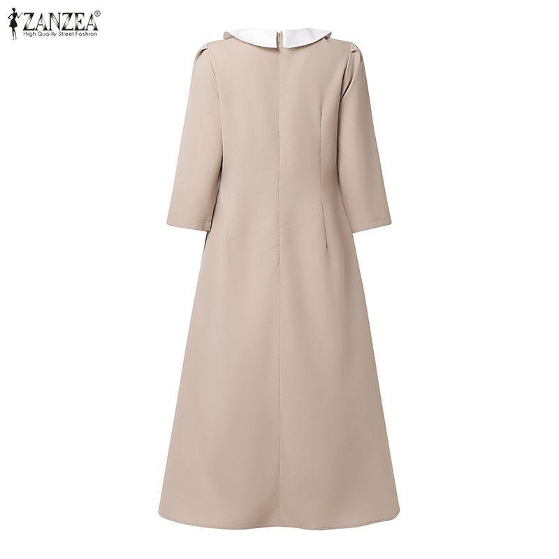 ZANZEA Women Casual Splice Doll Collar Loose Long Sleeve Elegant Dress