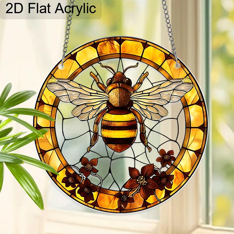 Acrylic Honey Bee with Flowers Suncatcher, Stained Glass Effect Window Hanging Ornament for Nature & Bee Lover Gifts