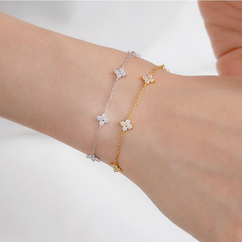 Romantic 18K Gold Plated S925 Silver Zircon Flower Bracelet 925 Sterling Silver Four Petal CZ Station Bracelet