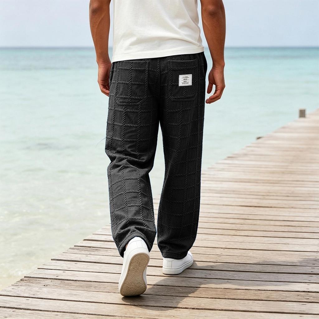 Men's Loose Straight Wide-Leg Casual Pants with Plaid Pattern, Plus Size