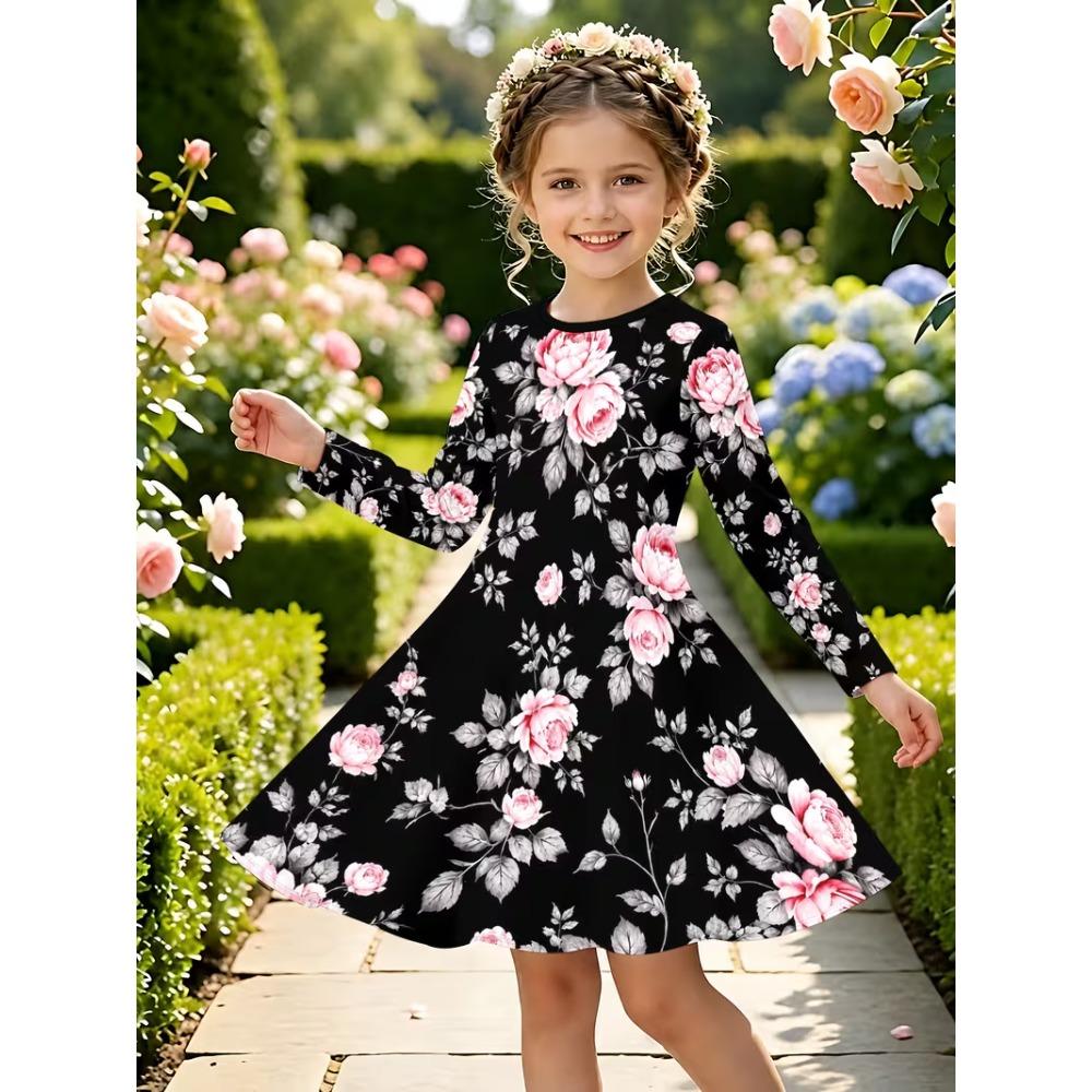Girls' 3D Rose Floral Dress Long Sleeve Summer Spring Vacation Daily Holiday Princess Beautiful Sweet Kids 4-12 Years Casual Dress A Line Dress