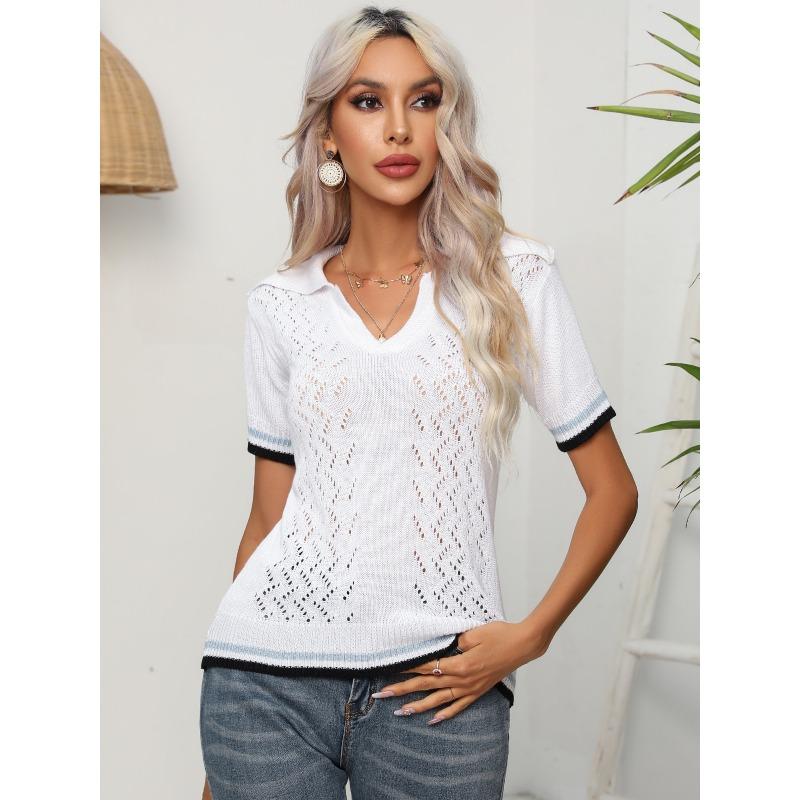 JPNTKY Women's Fashion Casual Solid Color Print Short Sleeve V-Neck Blouses & Shirts