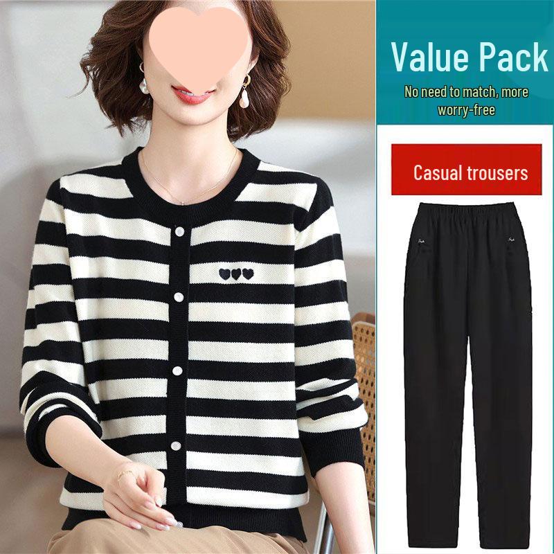 Mom's 2025 Autumn Striped Long-Sleeve Knit Sweater for Middle-Aged & Elderly Women