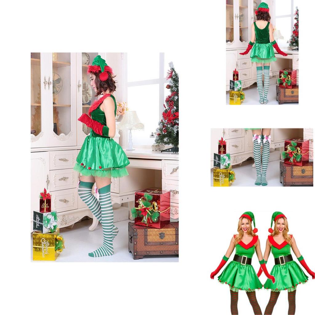 Premium Quality Women's Fashion Sexy Green Christmas Cosplay Elf Costume Dress Set