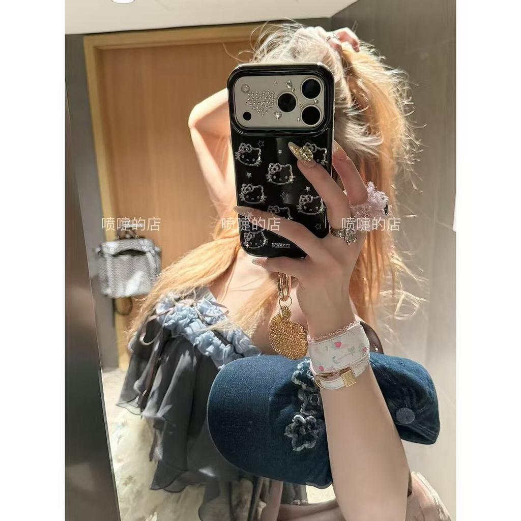 Texture premium sweet cool girl black silver kt for apple 17promax mobile phone case iphone16/15 pendant