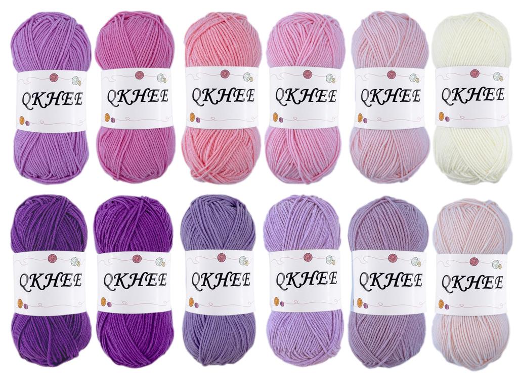Bawełniana włóczka QKHEE, średniej grubości do średnio cienkiej, zestaw 12 kolorów, ok. 50 g/180 m, do szydełkowania, dziergania, tkania i pluszowych zabawek (Wysoka jakość)