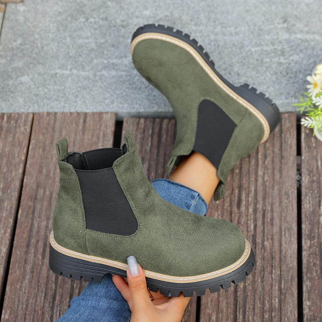 Women's Platform Suede Martin Boots, Round Toe Chunky Heel Ankle Booties, Elastic Gaiter Wide Width Available Slip-On Boots