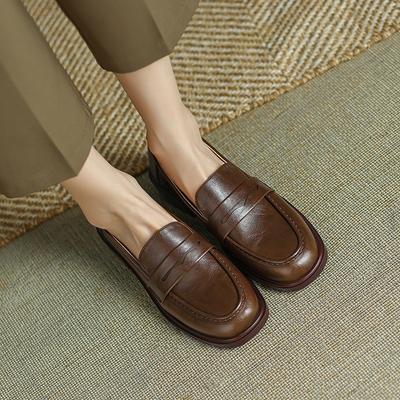 Medium Heel Small Leather Shoes British Style Retro Giant Loafers Women's Spring and Autumn Thick Heel Single Shoes Comfortable