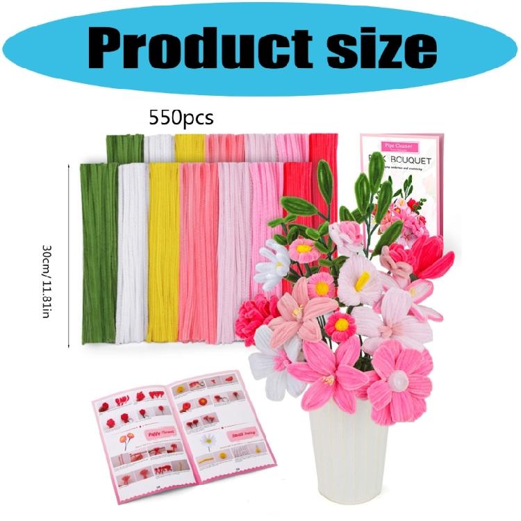 550Pcs Educational Plush Stems Bouquets for Handmade Art Craft Beginner Pipe Cleaners Flower Set for Wedding Decoration