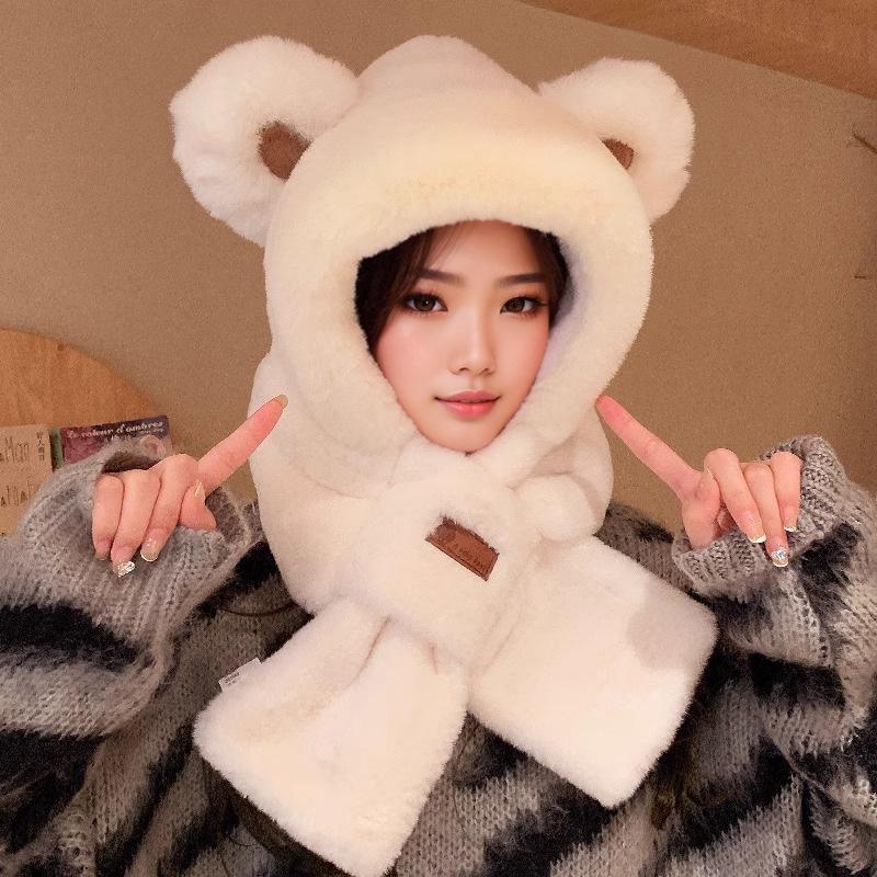 Cute Bear Hat Gloves Three In One Scarf Plush Hat for Women In Winter Riding Easy Outdoor High End Warm Hat
