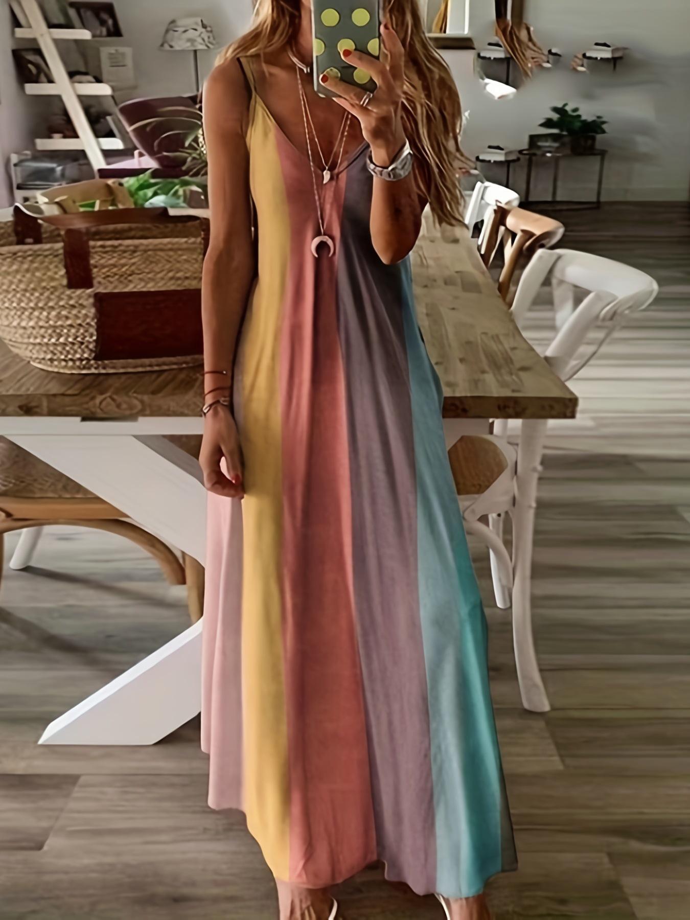 European & American Summer Gradient Spaghetti Strap Slim-fit Long Dress – New Style Printed Women s Attire 4XL оранжевый