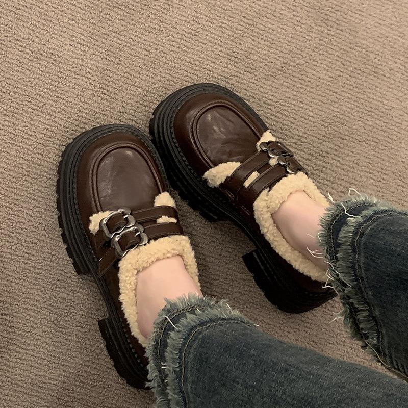 Black thick heel platform small leather shoes women's 2025 autumn new retro British style loafers velvet warm JK shoes