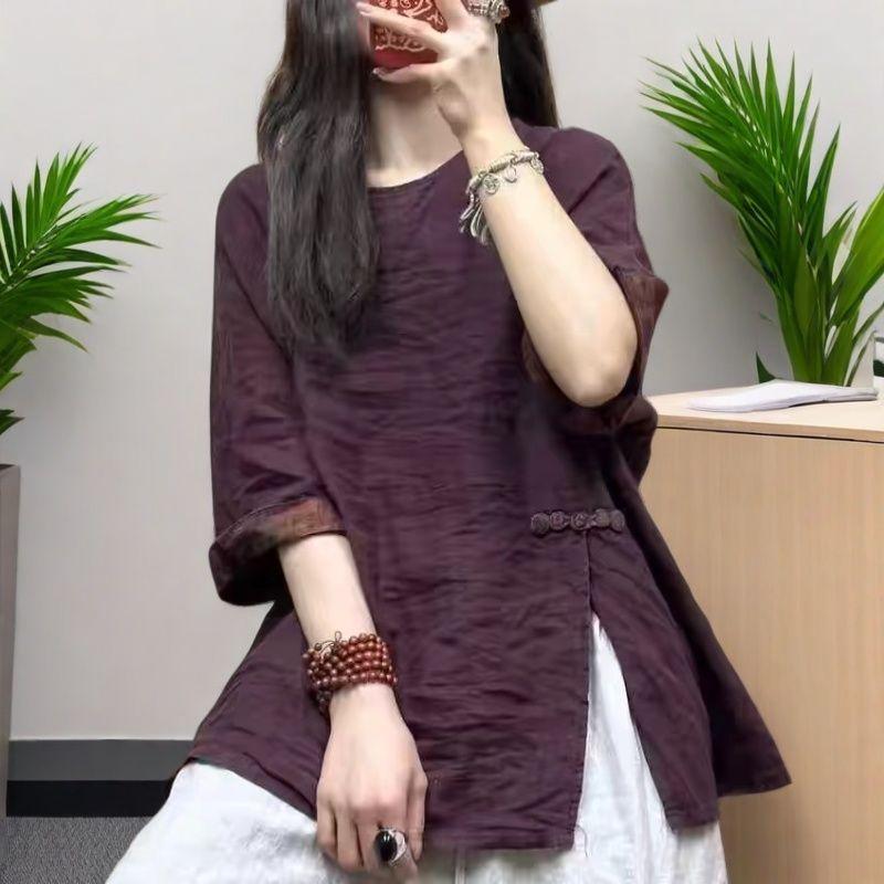 Women's Chinese Retro Sand Washed Fried Linen Pipa Button Side Slit Shirt Mid-sleeve Cotton Linen Top