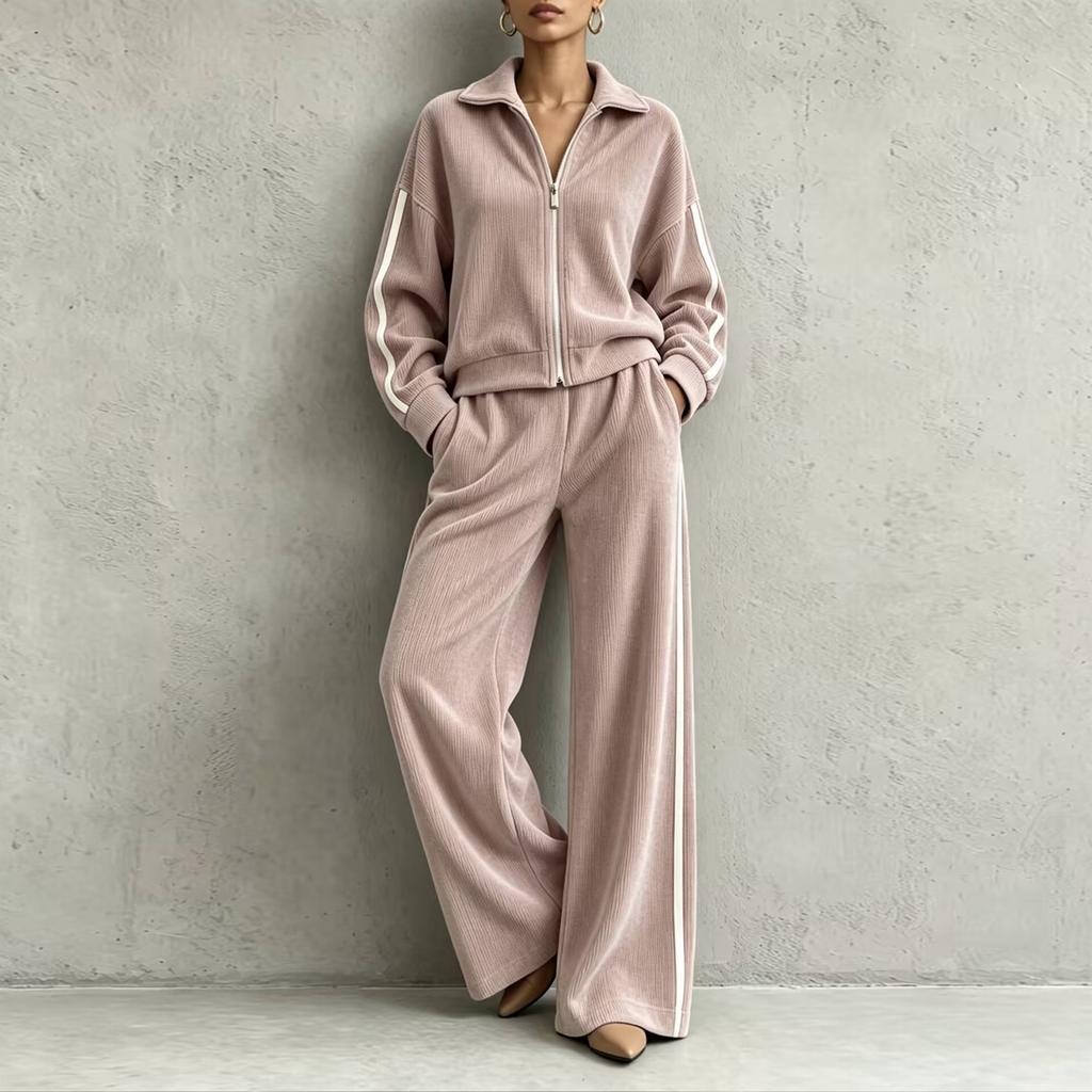 Women's Corduroy Casual 2 Piece Outfit with Zip Front Jacket and High Waist Wide Leg Pants for Fall Winter