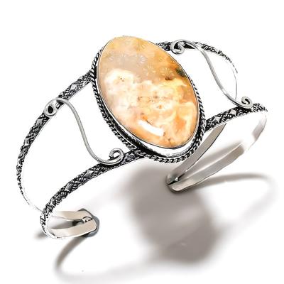 Natural Fossil"Coral Gemstone 925 Sterling Silver Cuff Bangle Adjustable L4n82