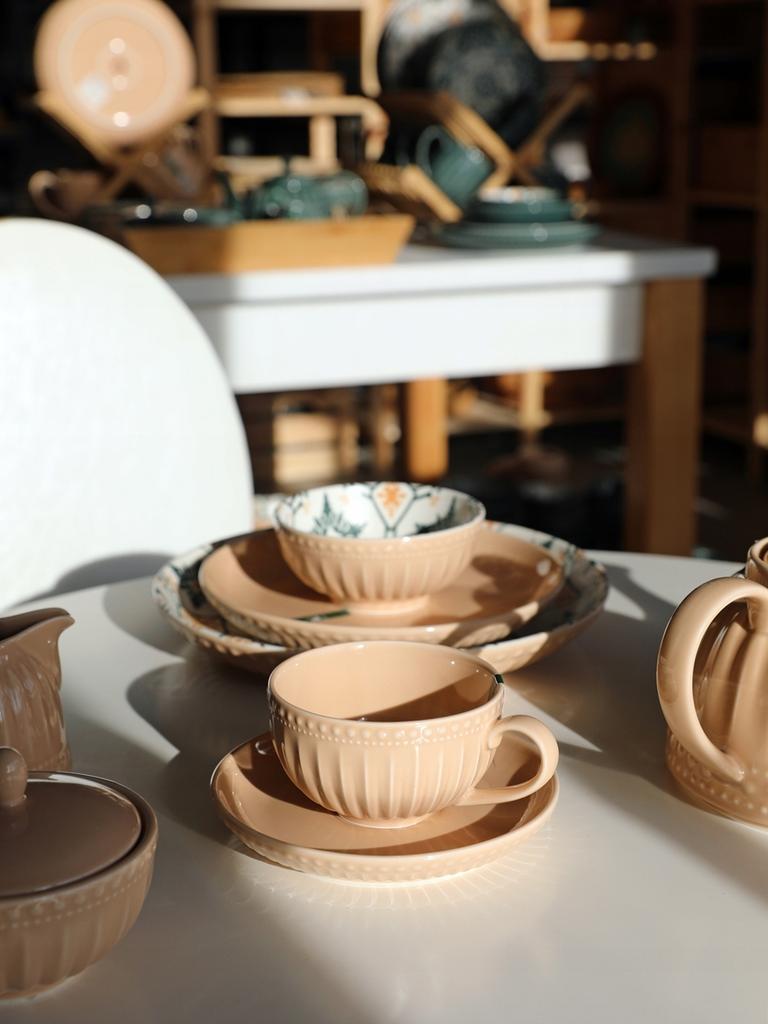 CERAMIC CUP WITH SAUCER 250ml FOR COFFEE AND TEA, MOSAIQUE BEIGE LINE