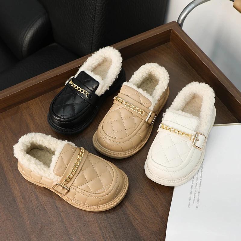 Winter Children's Shoes Solid Color Girls Loafers 2024 New Versatile Kids Causal Flat Cotton Shoes Fashion Outdoor Warm Non-slip