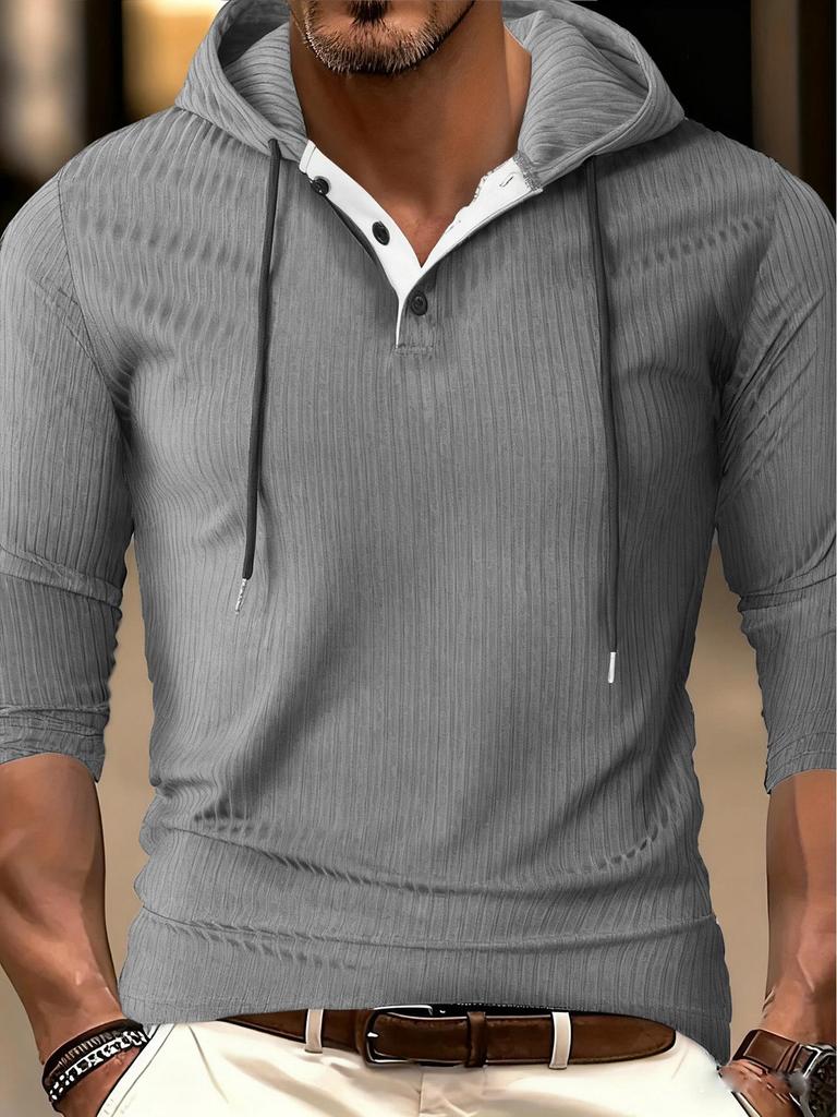 Men's Autumn/Winter Casual Hooded Long Sleeve Pullover with Drawstring and Button