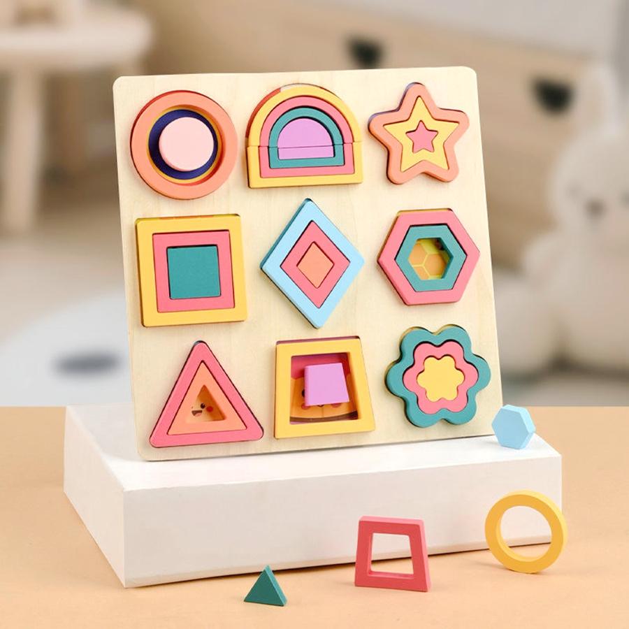 Jucărie de învățare Montessori din lemn cu potrivire de forme geometrice 3D, colorată, DIY, tip puzzle, joc grafic de petrecere pentru inteligență logică pentru copii