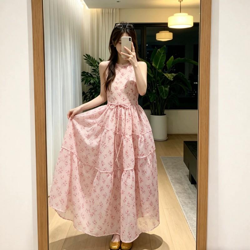 2026 Floral Print Sleeveless A-Line Midi Dress Women Cinched Waist Pink Chic Beach Vacation