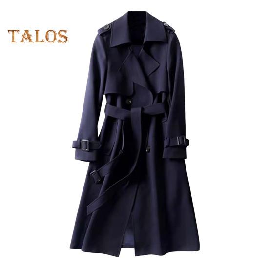 Women Windbreaker Turn-down Collar Loose Pure Color Coat Double-breasted Long Sleeves Belt Decor Overcoat Mid Length with Pockets Windproof Lady