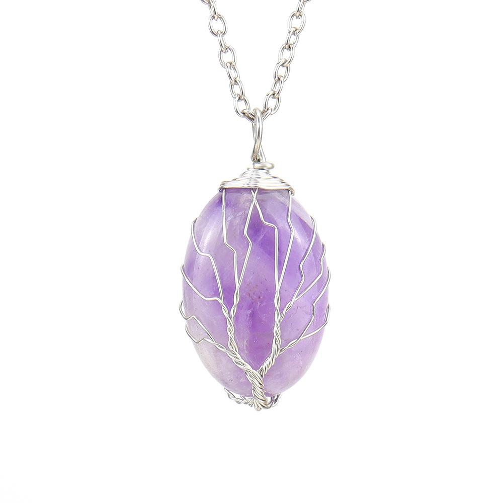 Natural Rough Crystal Amethyst Tiger Stone Oval Tree Of Life Pendant Necklace N643