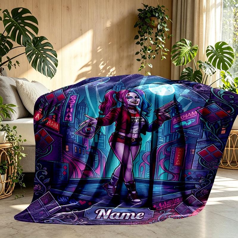 Custom Name Personalized Harley Quinn Print Blanket, Home Decor, Bedroom, Sofa, Camping, Couch, Gifts for Birthday Christmas