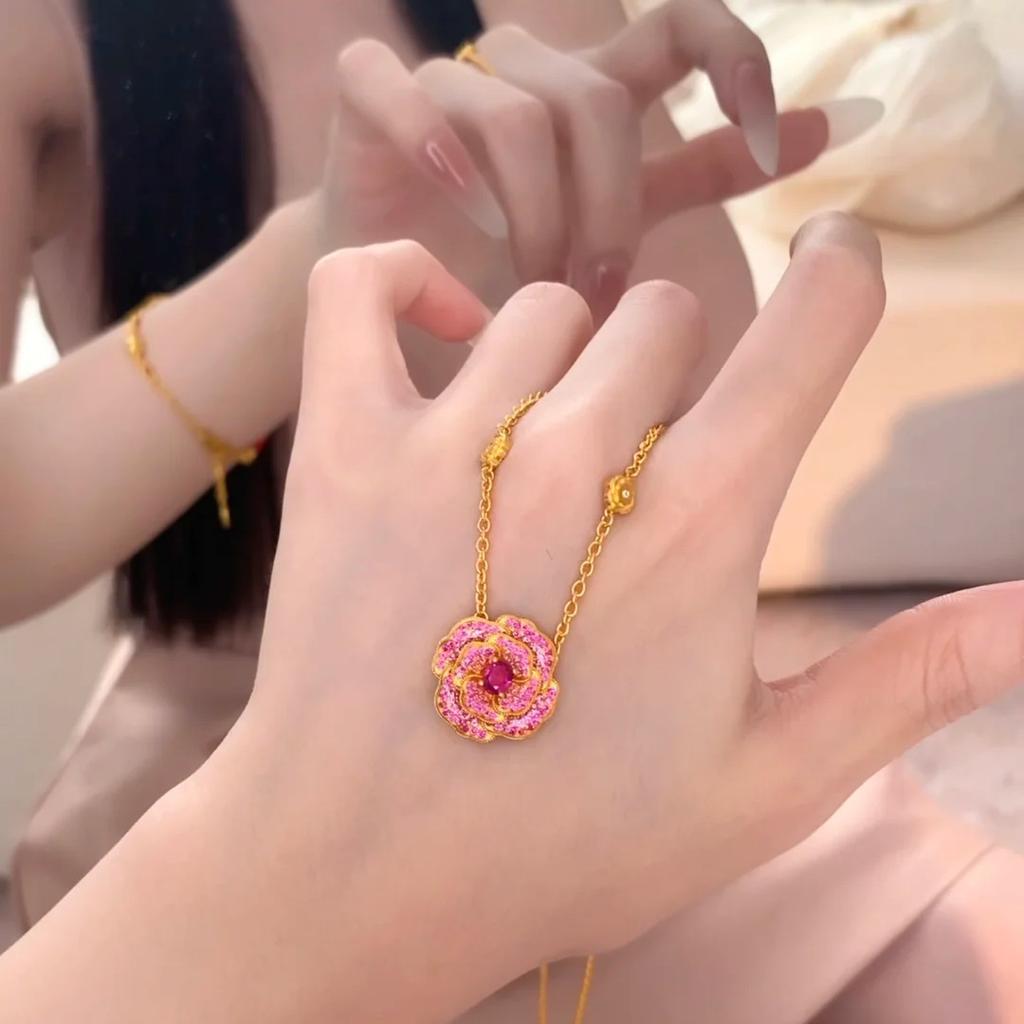 New Chinese Style Red Peony Necklace Real Gold Electroplating Light Luxury High-End Sense Red Corundum Rose Pendant Female