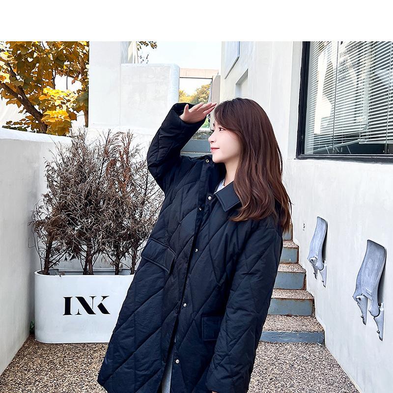 Dámská podzimní a zimní bunda volného střihu bavlněná bunda s dlouhým rukávem dlouhý bavlněný kabát kontrastní barva zahuštěná jednobarevná bunda