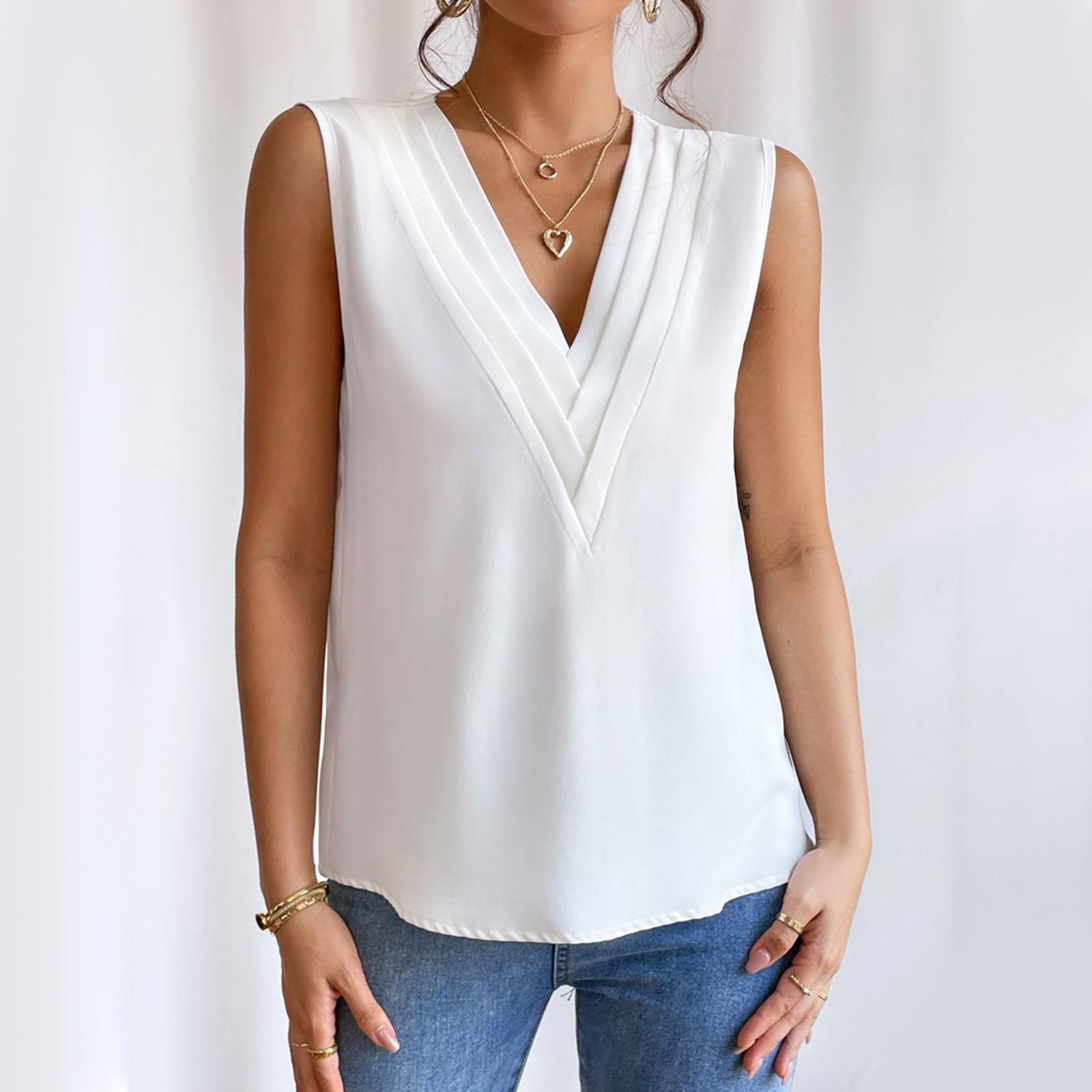

Women s Multi Layer V Neck Solid Color Tank Top Sleeveless Casual Blouse Lightweight Summer Shirt M білий