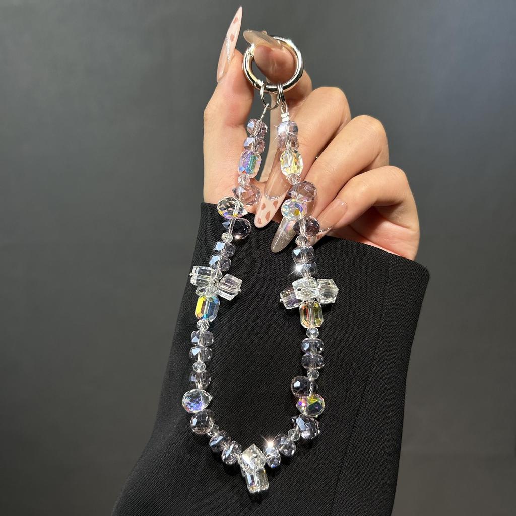 Exquisite Handmade Beaded Chain Phone Lanyard with Water Drop & Square Sugar Wrap Pendants
