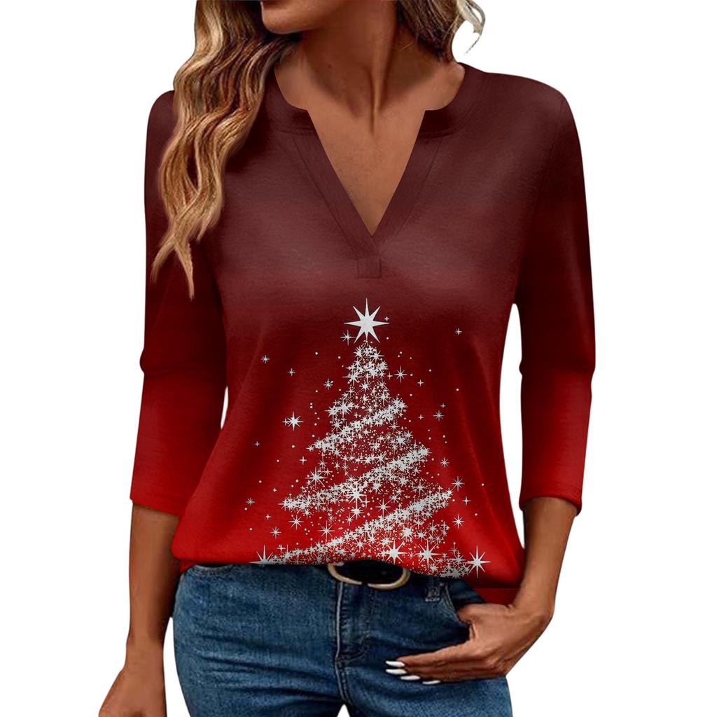 Women's Casual Fashionable Sexy Comfortable V-Neck Christmas Three-Quarter Sleeve Top
