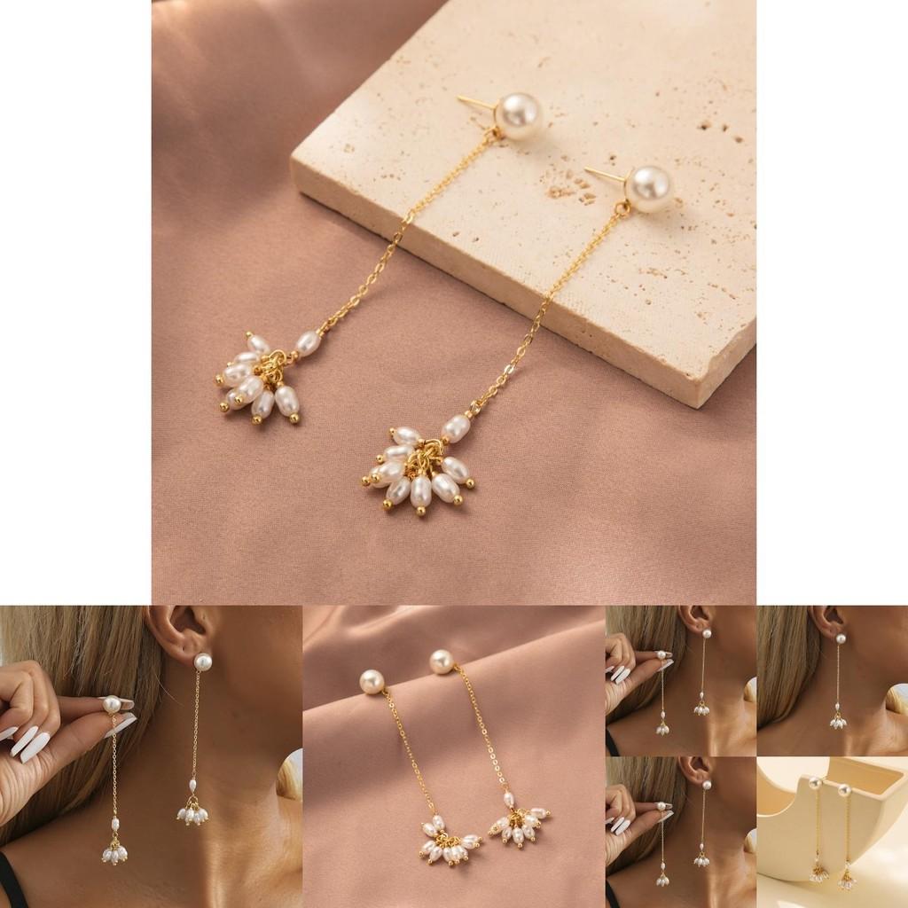 Modern Geometric Pearl Earrings Gold Tassel Chain Long Dangle Earrings For Women