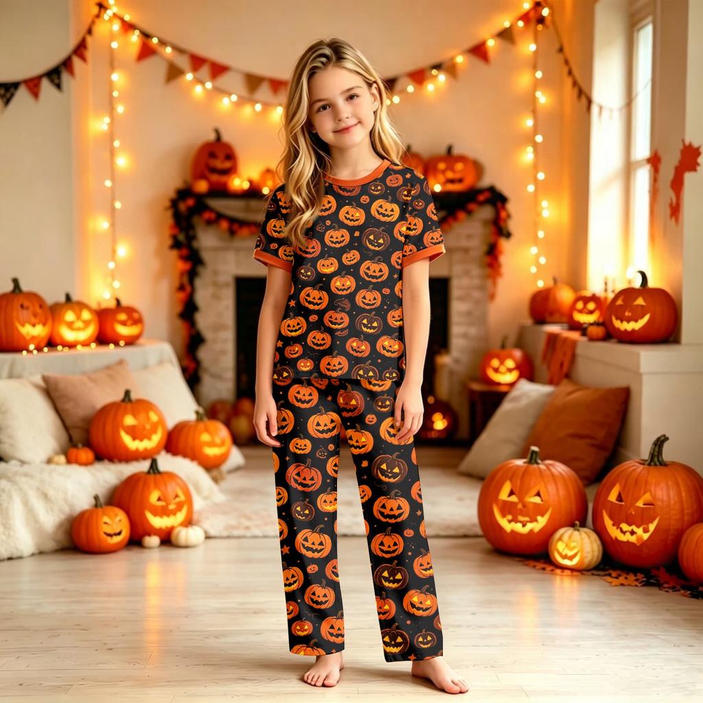 Family Matching Halloween Pajama Set with Short Sleeve Top and Pants for Parents and Kids