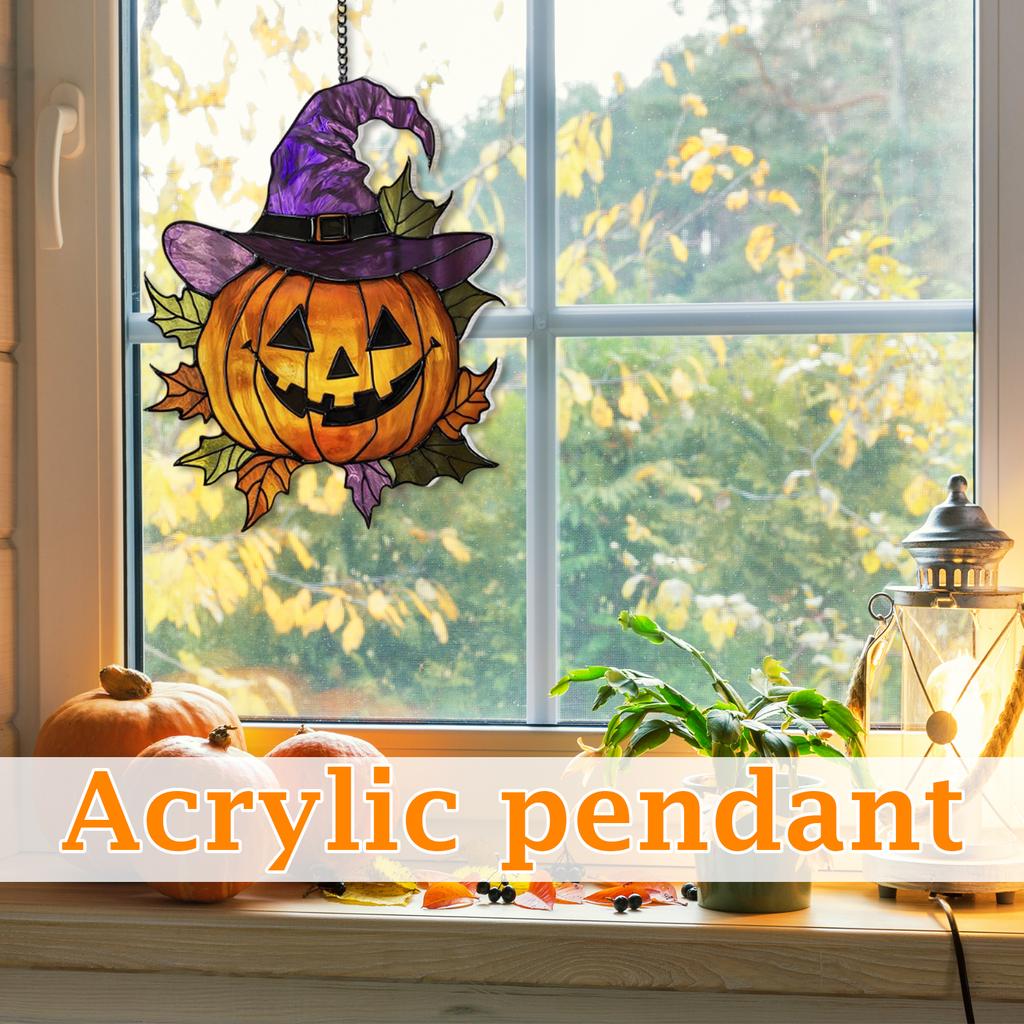 Acrylic Pumpkin Hanging Decoration with Witch Hat Halloween Theme Double Sided Flat Pendant for Indoor Outdoor Wall Door Window Display