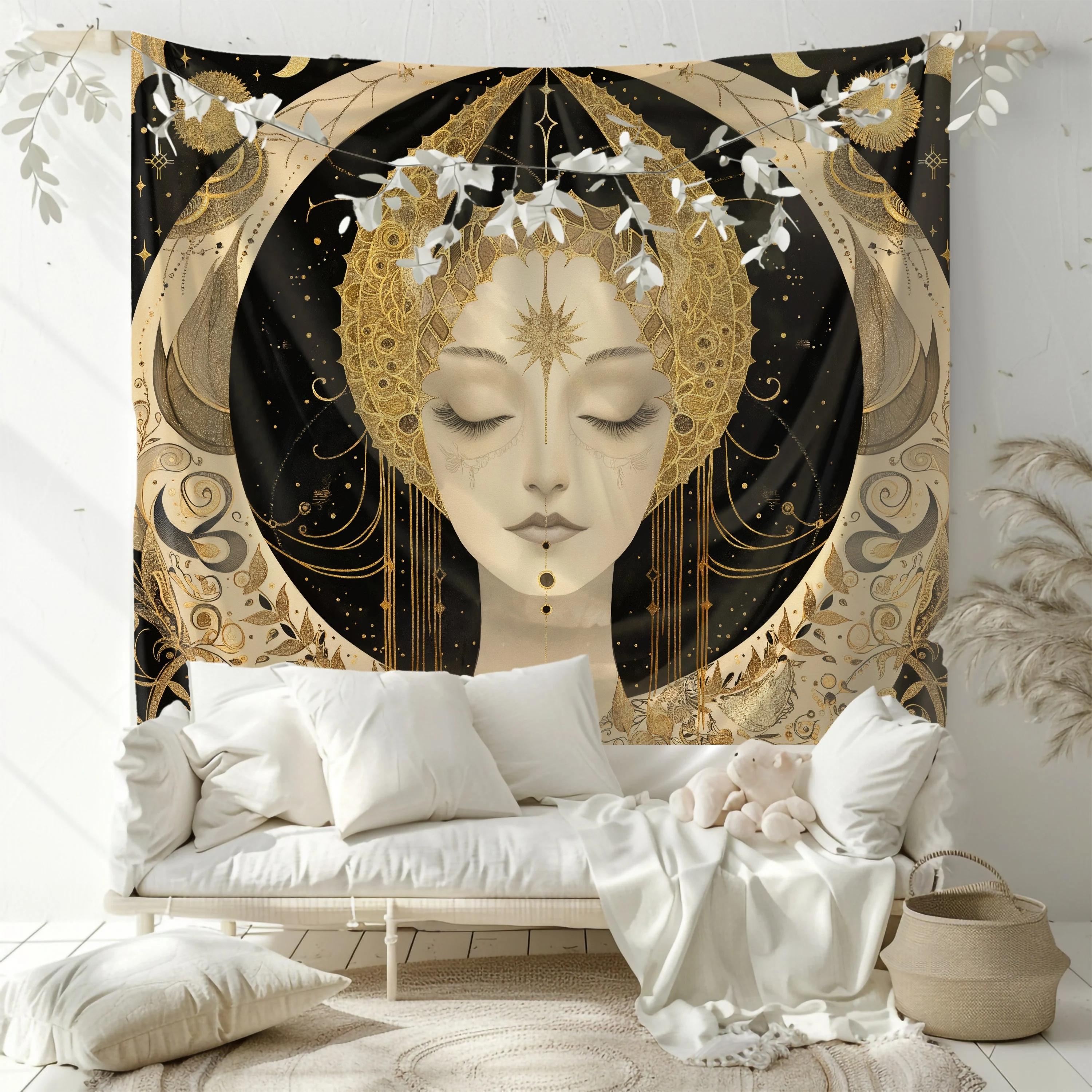 Gilded Star Moon Goddess Tapestry Vintage Mysterious Background Cloth Meditation Room Bohemian Room Decoration 100X70CM