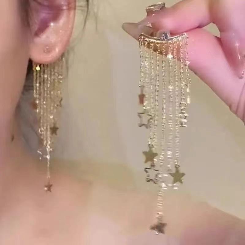 "Mondlicht Sterne" Lange Quasten Stern Ohrringe - Beinhaltet Optionen für nicht-gestochene Ohren
