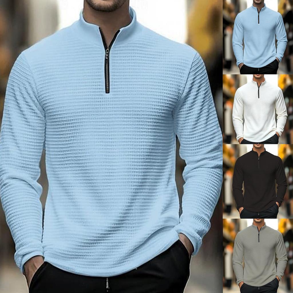 Men's Stand Collar Quarter Zipper Base Sweater Solid Color Long Sleeve Pullover Sweatshirt Casual Slim Sweaters Top