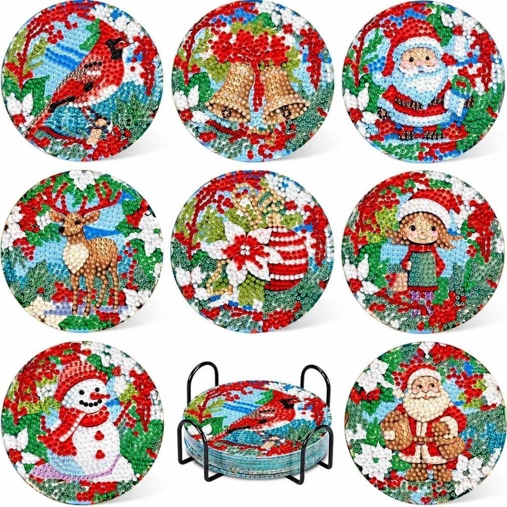 8Pcs with Metal Stand Round Art Coasters Entry-level Coaster Kit DIY Painting Coasters Gift