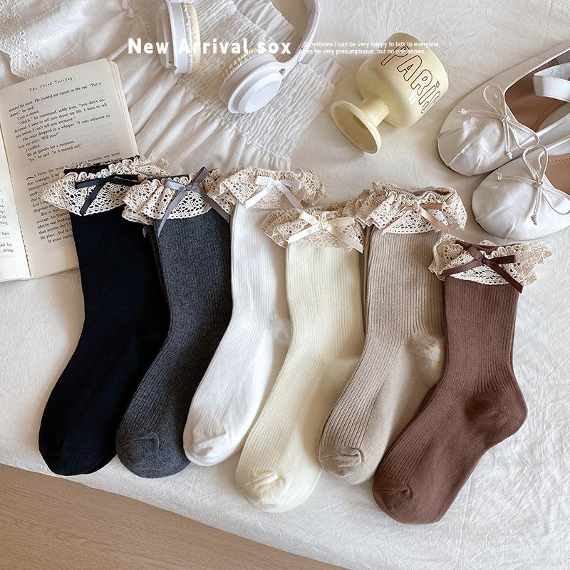 

Women s Mid-calf Cotton Socks, Spring and Autumn Coffee-colored Bows, Cute Retro Lace, Autumn and Winter Piles of Long Stockings 1 pair сірий колір