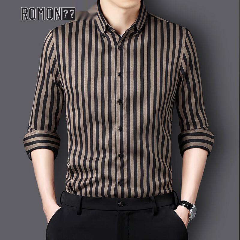 ROMON Men s Slim Fit Striped Non-Iron Casual Long Sleeve Shirt XL